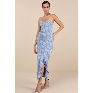 Lulus Mabriella Slate Blue Floral Burnout Ruffled Strapless Maxi Dress NWT Med
